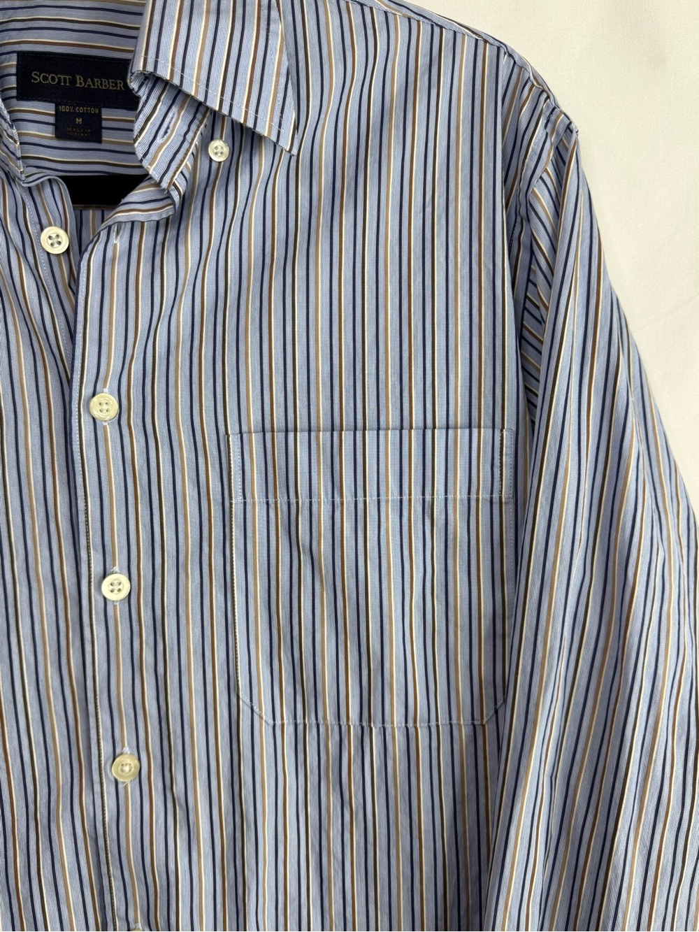 Scott Barber Men’s Blue Brown Striped Cotton Button Down Dress Shirt, Size M - Picture 3 of 5